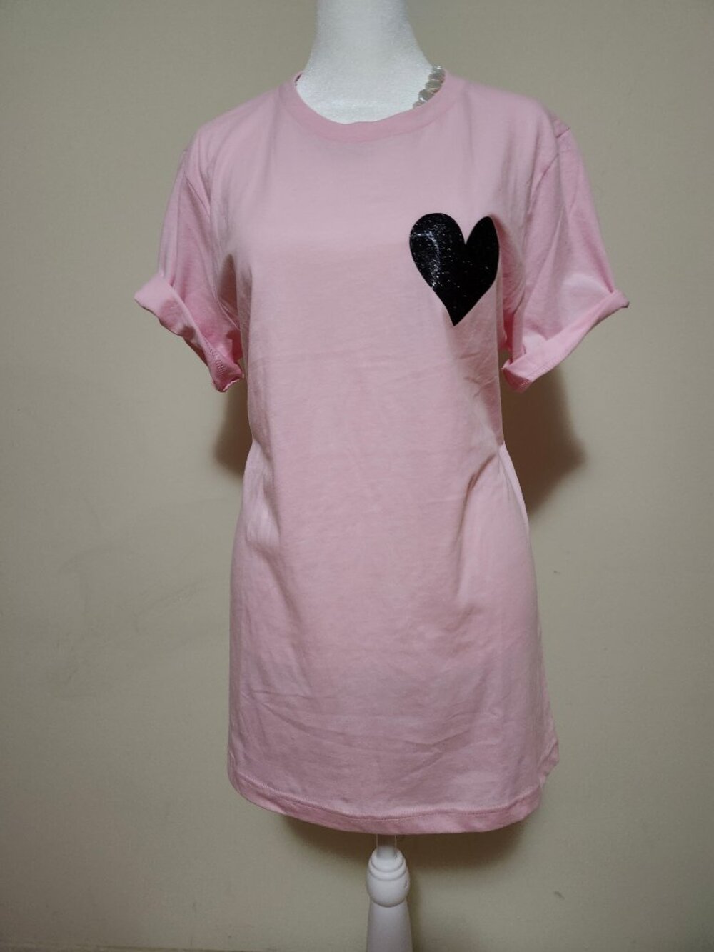 Funky Women's Pink T-Shirt with glittery black heart 100% cotton, NWOT